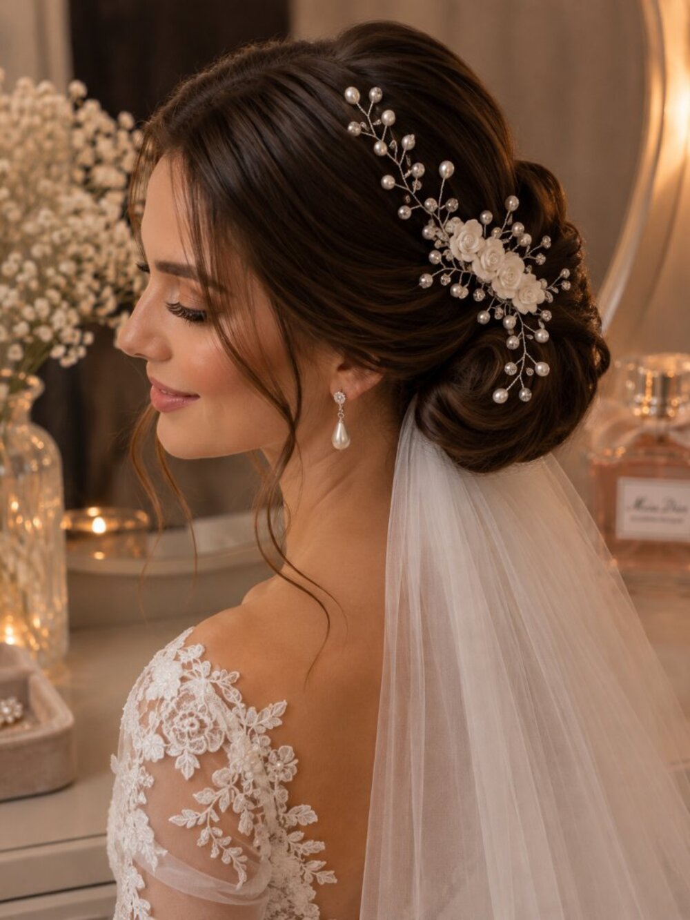 Bridal Floral Hair Vine with Pearls & Crystals, White Rose Wedding Hair Accessor